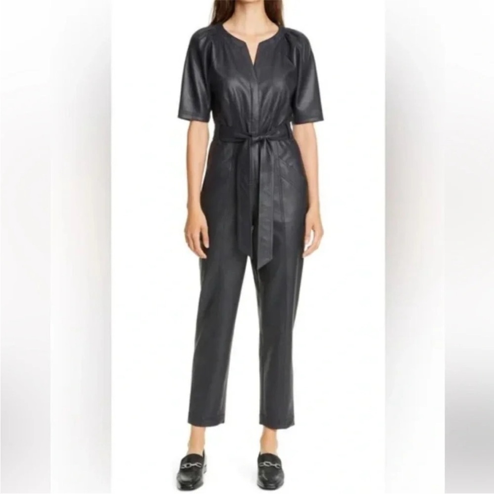 New Rebecca Taylor Tie Waist Faux Leather Jumpsuit Navy Blue NWT Women’s 0